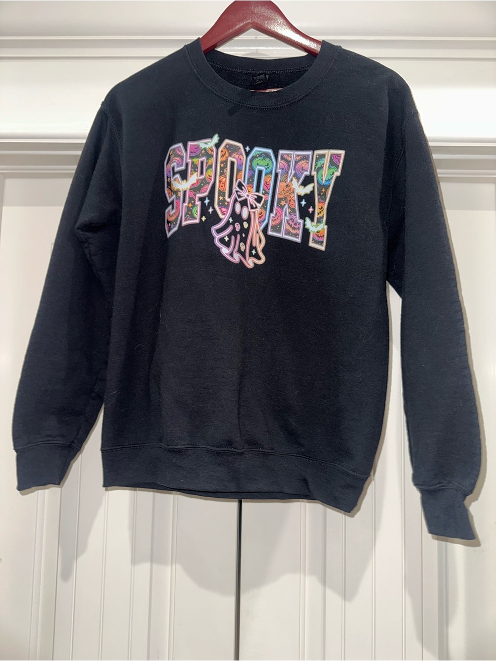 Spooky Halloween Ghost Sweatshirt Womens Small Black Graphic Crewneck